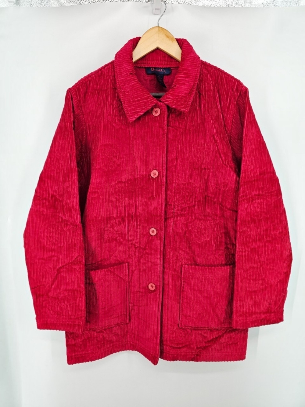 Vintage Y2K Denim & Co Red Floral Corduroy Quilted Jacket L Cottagecore